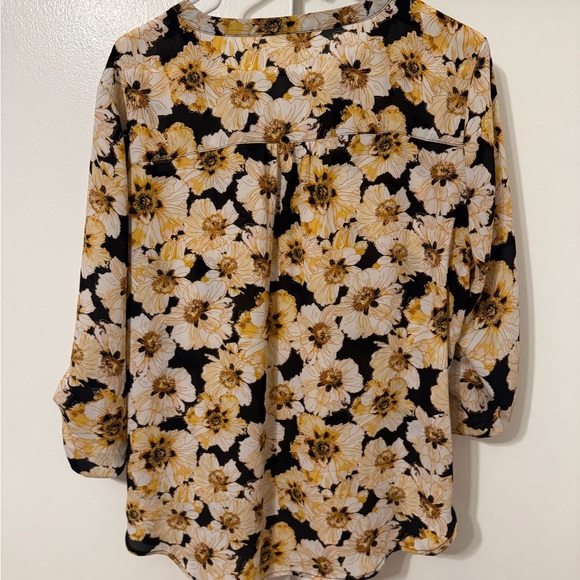 Maurices Black Floral V-Neck Blouse with Cream & Gold Flowers - Picture 2 of 3